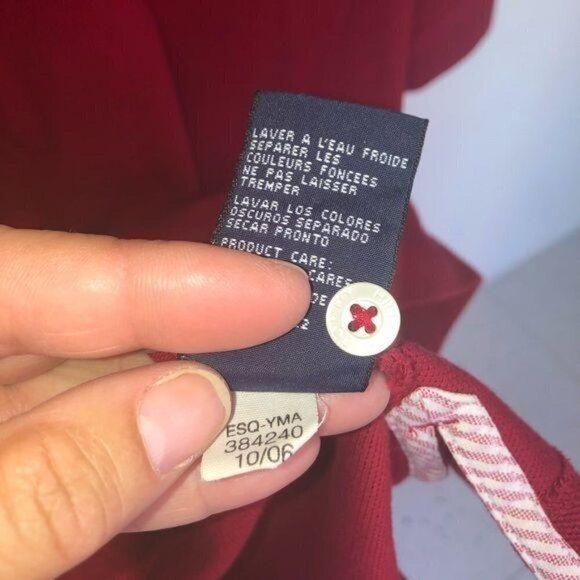 Tommy Hilfiger Polo Shirt Medium Mens Red Cotton Striped Trim On Neck Side Slits - Picture 9 of 10